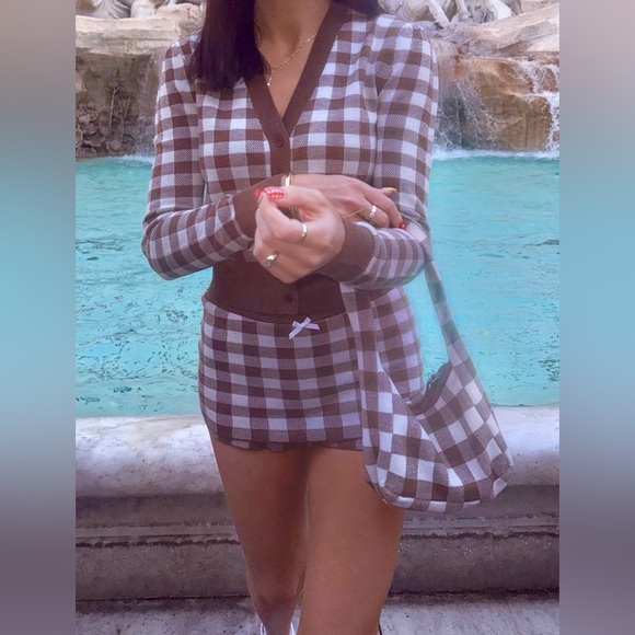 For Love And Lemons Gingham Knit Cardigan in Brown - Picture 3 of 5